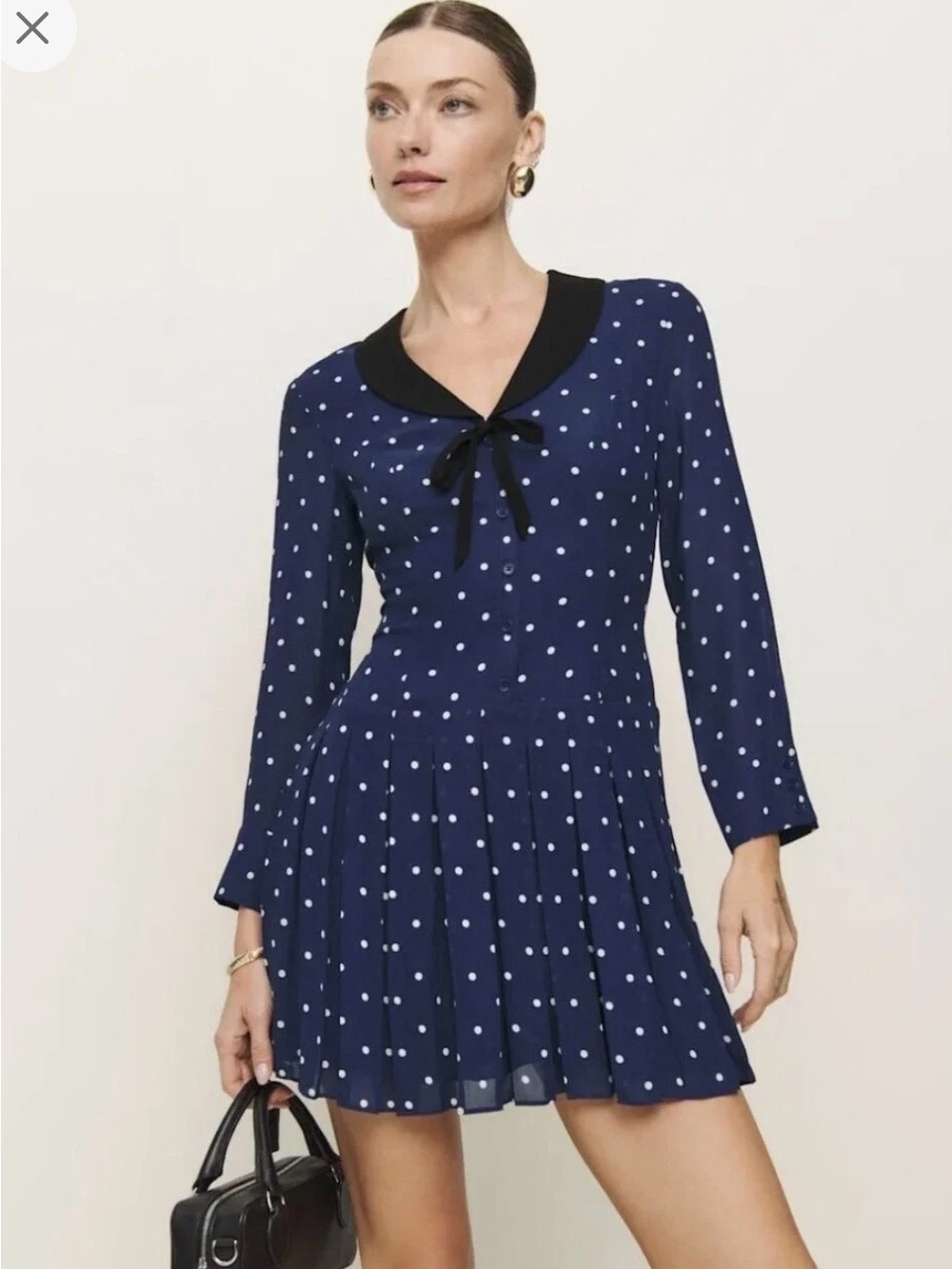 Reformation Tamia Navy Danube Dot Black Collar V-Neck Pleated Short Dress